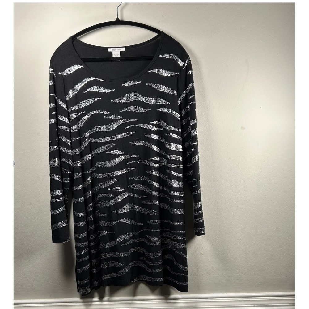 Joan Vass Tunic Top Womens 1X Black Silver Sequin Zebra Stripe Long Sleeve Y2K